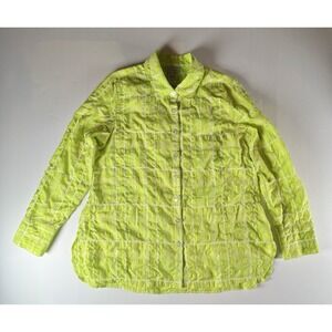 Multiples Plaid Lime Green Blouse Roll Tab Sleeve Shell‎ Button Up Shirt Size S